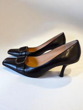 New Geronea Leather Square Toe Buckle Pump Black Minimalist Professional Chic